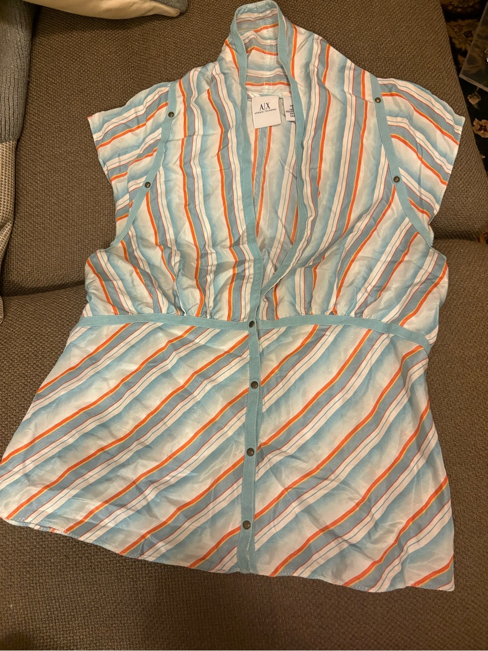 Armani Exchange Light Blue + Orange Striped Silk Cap-Sleeve Button-Front Top